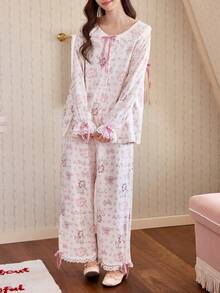 2pcs Disney Marie Cat Print Cotton Long Sleeve Pajama Set For Women, Spring/Summer - Baby Pink - View 9