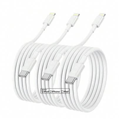 白色PVC硅胶材质，1-3条装USB-C转苹果Lightning充电线，100厘米/3.3英尺长，快充线，兼容 14/13/12，妇女节礼物