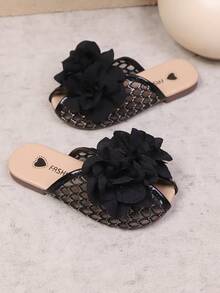 1 Pair Girls' Mesh Embroidered 3D Flower Peep-Toe Flat Sandals, Suitable For Spring And Summer, Princess Shoes - Black - View 4