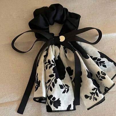 1 Pc Elegant Floral Bow Hair Scrunchie - Vintage Floral Pattern Fabric Hair Tie, Sweet Style Hair Scrunchies For Women, Scrunchy Hair Ties, Hair Bobbles, Washing Face, Hair Accessories Ponytail Head Accessories Elastic Band