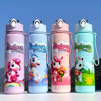 800ml(27oz) Kids Water Bottle With Rainbow Unicorn Design, One-Push Pop-Up Straw Lid, Carry Rope, Leakproof PC Material|Encourages Drinking, Lightweight For School &Travel| Easter, Back To School, Christmas Birthday Gift For Girls Toddler