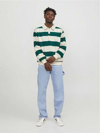 Voidago Áo Polo nam tay dài cổ cài cúc kẻ sọc thời trang