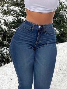 Bestselling Butt-Lifting Casual & Commuting Women's Skinny Jeans - 深色洗 - 查看 5