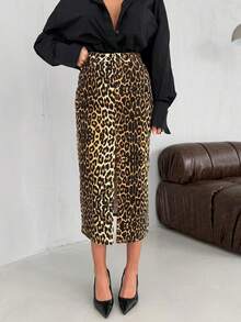 SQUALO Light Blue Slit Denim Midi Skirt - 100% Cotton - Brown - View 2