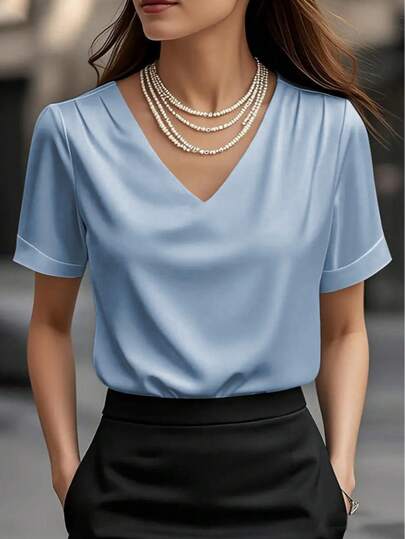 1pc Women's Solid Color Satin V-Neck Short Sleeve T-Shirt Blouse, Elegant Fashion For Daily, Office, Home, Date, Spring & Summer Casual