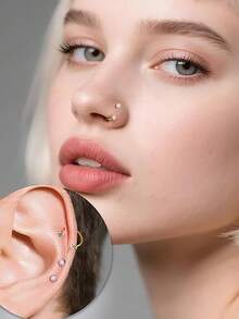 Set de 2 anillos/pendientes de nariz en forma de herradura, de acero inoxidable y aleación de titanio con rosca interna de 16G/18G/20G y cristal de circonia cúbica, incluye herramienta de perforación, apto para labios, cejas, cartílago y kit de perforación de nariz - Plateado - Ver 3