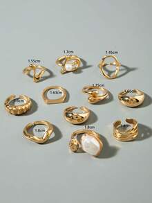 11pcs/Set Fashionable Versatile Geometric Zinc Alloy Big Hoop Wave Pearl Ring Set, Stackable Jewelry Gift For Women - 30375-ring-g-1 - View 6