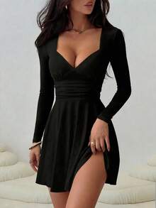 Sexy Fashion V-Neck Ruched Waist Ruffle Hem Long Sleeve Mini Dress, Spring/Summer New Arrival Black - Black - View 1