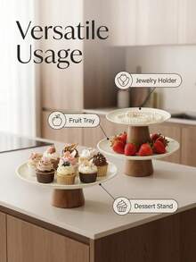 1pc High Stem Stainless Steel Serving Tray, Suitable For Dining Table, Restaurant, Kitchen, Party, Birthday - Wooden Stand, White Stainless Steel Tray - View 1