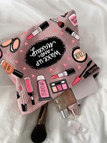 一款时尚化妆旅行包，饰有化妆图案 - 轻便可折叠拉链袋，适合收纳化妆品、洗漱用品和文具，易于擦拭清洁，是送给女士和化妆爱好者的理想礼物。化妆包、化妆品收纳包、洗漱包、化妆品储藏袋、化妆袋、洗漱旅行包、旅行必备品、女性旅行礼物 - 彩色 - 查看 3