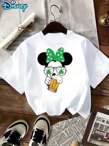Disney Women's Minnie Mouse St. Patrick's Day Beer & Castle Sunglasses Cartoon Short-Sleeved T-Shirt - Green Polka Dot Bow Theme Round-Neck Top, Soft Cotton Breathable Fabric, Summer Casual Style, Suitable For St. Patrick's Day Celebrations - trắng - Xem 1