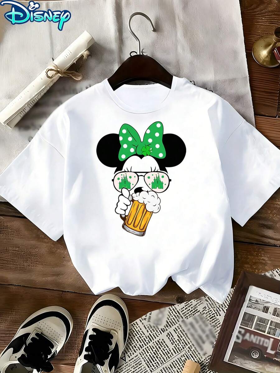 Disney Women's Minnie Mouse St. Patrick's Day Beer & Castle Sunglasses Cartoon Short-Sleeved T-Shirt - Green Polka Dot Bow Theme Round-Neck Top, Soft Cotton Breathable Fabric, Summer Casual Style, Suitable For St. Patrick's Day Celebrations - trắng - Xem 1