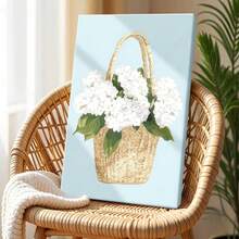 1 pza Cuadro decorativo de verano, estilo playa y océano, póster en lienzo enmarcado con madera, canasta con flores blancas - Estilo botánico y realista, regalo perfecto, para sala, recámara u oficina, incluye herrajes. - Lienzo enmarcado - Ver 2