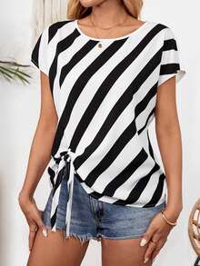 休闲夏季度假条纹打结圆领无袖蝴蝶结下摆开衩女式衬衫 - 黑與白 - 查看 7