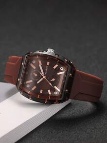 2pcs/Set Women's Silicone Watch With Barrel Shape Dial, Numeric Scale Dial, & Elegant Quartz Wristwatch + Heart-Shaped Bracelet (Watch Box Not Included) - Brown - View 7