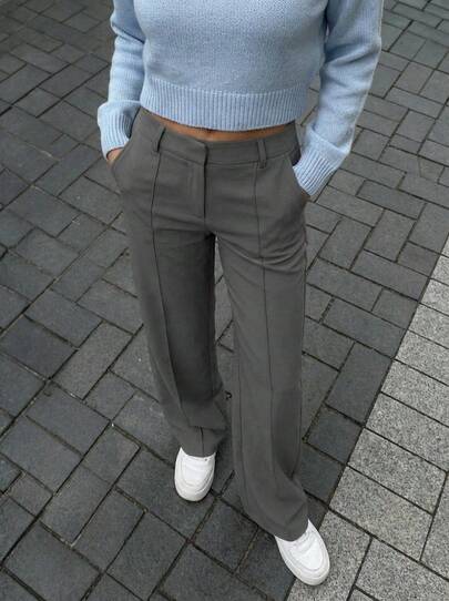 Buzzelle Damen schicke, vielseitige, lässige, zu allem passende graue Straight Leg Hose, hergestellt aus leichtem, dehnbarem Polyesterstoff