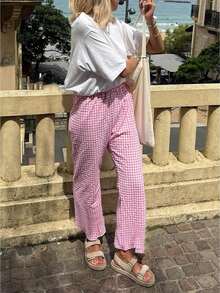 Women's Summer Casual Pants Plaid Drawstring High Waist Straight Leg Trousers Gingham Palazzo Harem Pants For Daily Wear Fashion Outfits - 粉色 - 查看 1