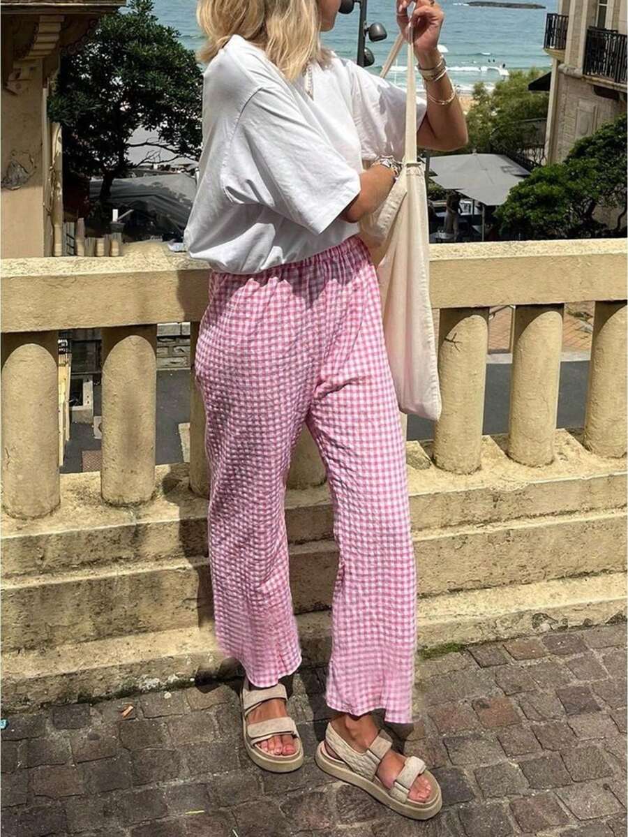 Women's Summer Casual Pants Plaid Drawstring High Waist Straight Leg Trousers Gingham Palazzo Harem Pants For Daily Wear Fashion Outfits - 粉色 - 查看 1