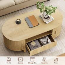 ONBRILL Oak Oval Coffee Table, 47 Inch Fluted Coffee Tables With Cabinets & Sliding Doors, Mid-Century Modern Living Room Tables, Center Table With Storage And Wood Handle For Living Room, Home Small Space - cây sồi - Xem 4