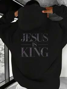 Men's Jesus Is King Christian Hoodie- Oversized Loose Full Print Sweatshirt With Kangaroo Pocket, Black And White Letters, Machine Washable Religious Statement Clothing, Suitable For Church Activities And Casual Wear, Spring Autumn Winter Casual Out - 黑色 - 查看 1