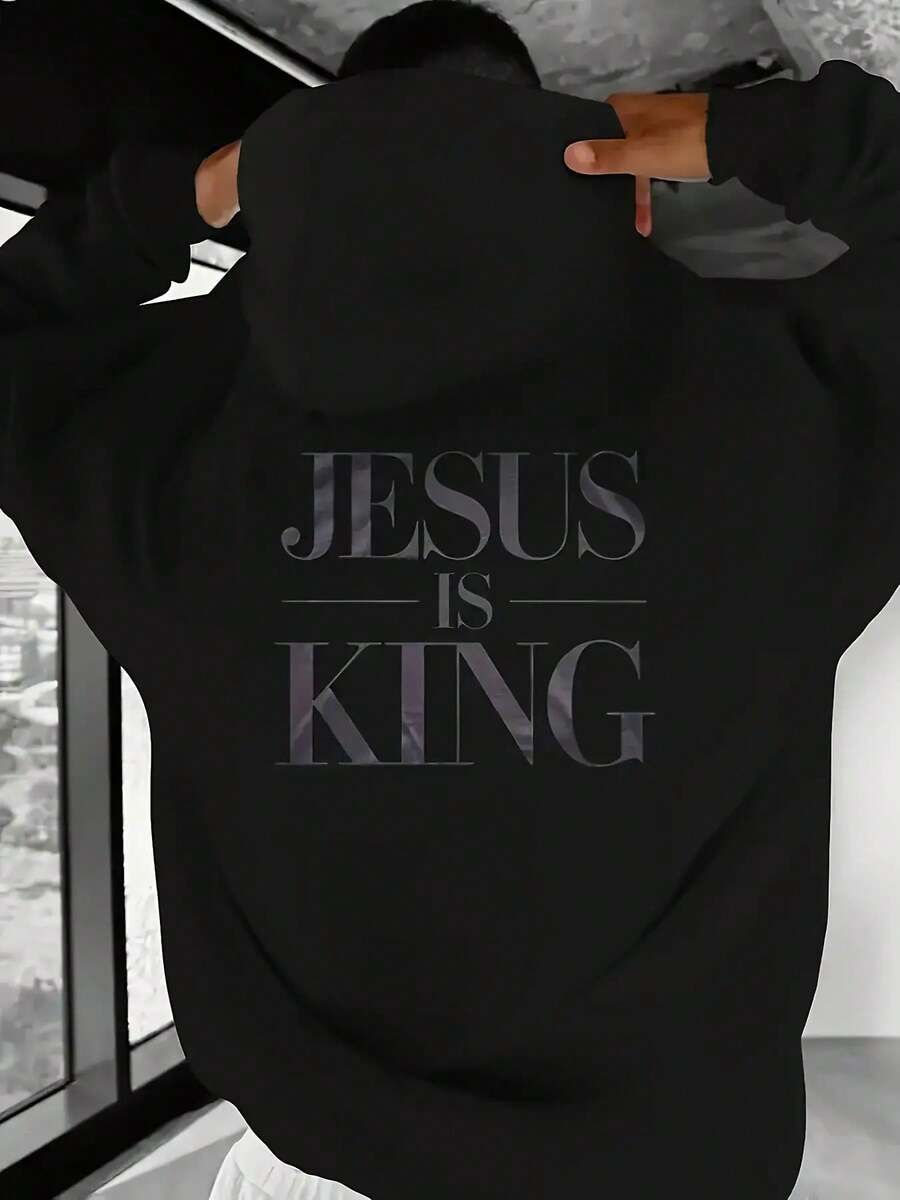 Men's Jesus Is King Christian Hoodie- Oversized Loose Full Print Sweatshirt With Kangaroo Pocket, Black And White Letters, Machine Washable Religious Statement Clothing, Suitable For Church Activities And Casual Wear, Spring Autumn Winter Casual Out - 黑色 - 查看 1
