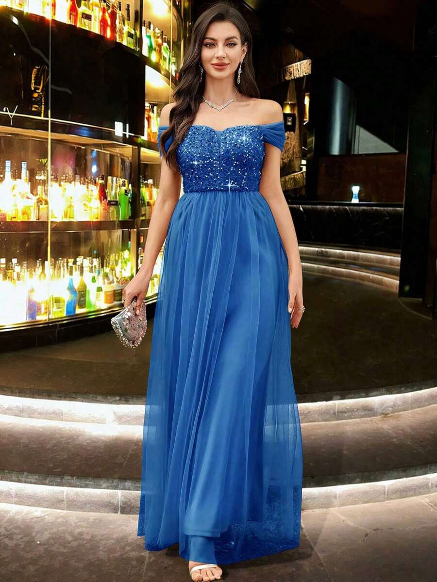 CHOSMO 优雅纯色针织面料露背网眼亮片拼接女式连衣裙，适合舞会、晚礼服、正式场合、婚礼、派对、周年纪念、毕业典礼、节日、正式晚宴、摄影、联欢晚会、音乐会