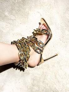 Women's Ankle Leg Lace Up Gold Link Chain Clear PVC Strappy Stiletto Round Toe High Heeled Sandals Party Wedding PVC Glass Wedding - Vàng - Xem 2