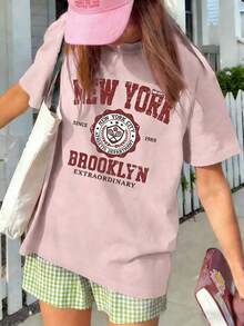 Women's Summer New Casual Slogan Print Loose Fit Round Neck Short Sleeve T-Shirt, Fashionable Daily Vacation Wear, Suitable For Everyday And Holiday Occasions. Women's T-Shirt Top. - Baby Pink - View 3