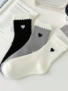 3双休闲百搭运动条纹中筒袜 - 黑與白 - 查看 3