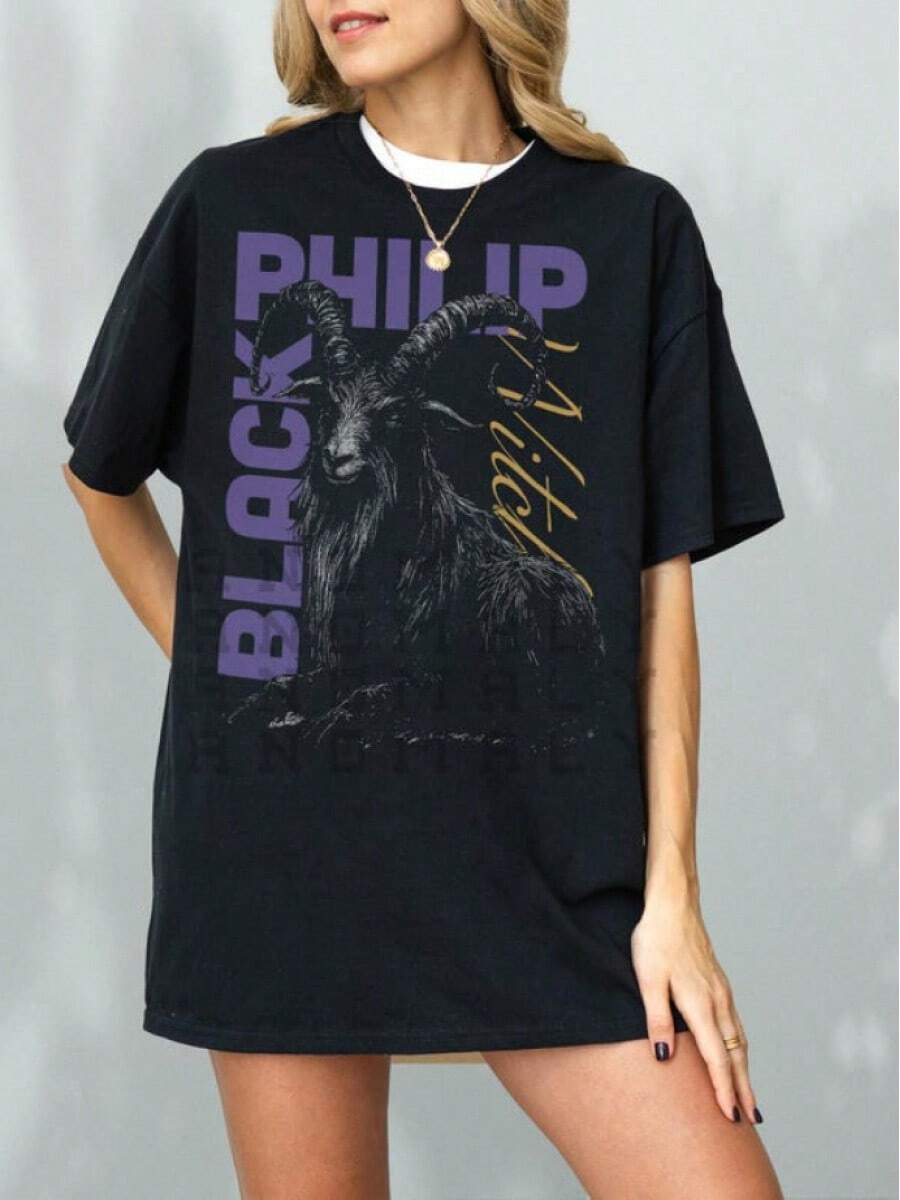 Black Philip Goat T-Shirt: Gothic Horror Movie Graphic Tee For The Witch, Women T-Shirt,Men Tshirt , Unisex Style,Holiday T-Shirts, Gift Tee, Fans Tee, Cotton Top, Size S-5XL,Black - 黑色 - 查看 1