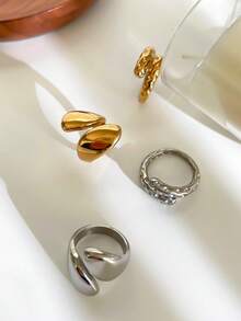 1 Set Stainless Steel Water Drop Criss-Cross Volcano Crater Unique Versatile Waterproof Fade-Resistant Fashion Ring Set For Women - Silver - View 6