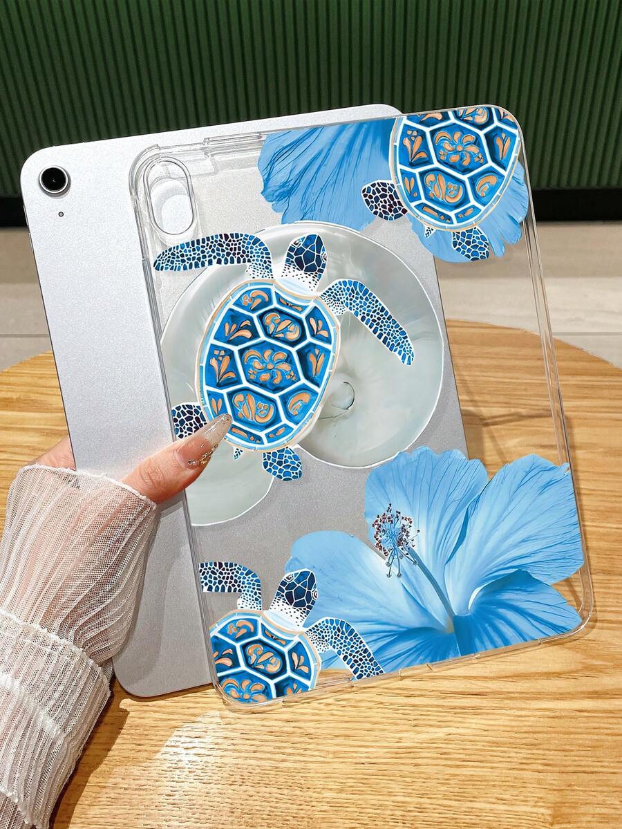 1个蓝色海龟和芙蓉花印花保护壳，透明TPU防震保护套，热带海岸美学设计，兼容第11代手机壳 - 無色 - 查看 1