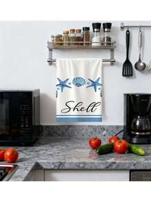 6pcs Modern Cartoon Ocean Theme Kitchen Towels, Soft Polyester Dish Cloths, Starfish & Shell Design, Machine Washable, Rectangular Hand Towels, Suitable For Beach Party Supplies - Navy Blue - View 4