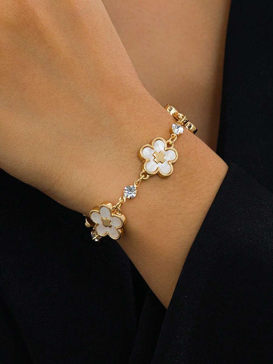 1 pieza Pulsera clásica y retro de verano, nueva y versátil, con incrustaciones de trébol blanco dulce para mujeres - Blanco - Ver 1
