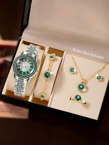 Bộ đồng hồ nữ, đồng hồ thạch anh mặt tròn thời trang đính đá, bao gồm dây chuyền, bông tai, vòng tay, nhẫn, thích hợp đeo hàng ngày, làm quà sinh nhật, quà dự tiệc, quà lễ hội, không kèm hộp quà. - Bạc - Xem 7