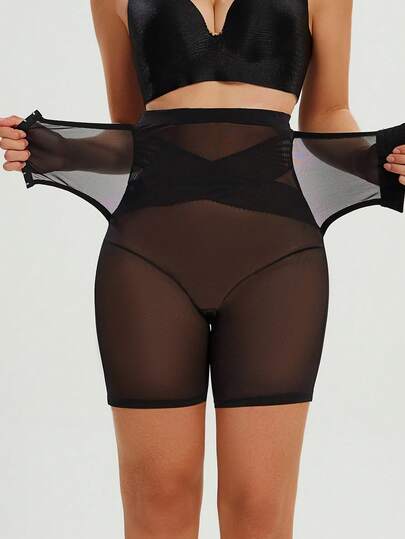 Bragas cómodas y transpirables de control de abdomen semi-transparentes, shorts moldeadores de cintura alta para mujer con cierre frontal ajustable que levanta el trasero