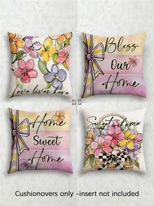 4件套春季风格“甜蜜之家”“我爱我的家”印花抱枕套，面料柔软，拉链封口，可机洗，可重复使用，适用于沙发、客厅、卧室的装饰抱枕套，不含枕芯 - 彩色 - 查看 2