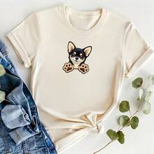 Embroidered Chihuahua Dog Heat Transfer Sticker, Black-Brown With Brown Paw Print. This Washable Sticker Is Suitable For T-Shirts, Hoodies, Jeans, Backpacks, And Throw Pillows. - 4in/10.16cm - View 2
