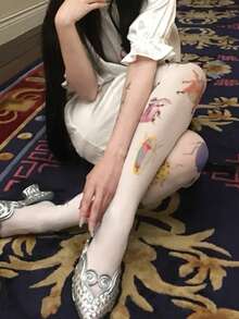 1双Y2K复古昆虫图案性感街头可爱朋克风连裤袜，适合日常穿着、约会、派对等场合。 - 彩色 - 查看 3