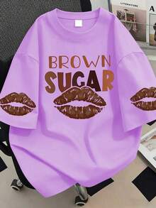 大码女式圆领嘴唇字母印花T恤，适合夏季度假、新年礼物、情人节礼物、日常穿着、外出、节日、海滩、派对、生日、聚会、学校、音乐节、假期、通勤、健身、婚礼、休闲外出等场合。 - 淡紫色 - 查看 1