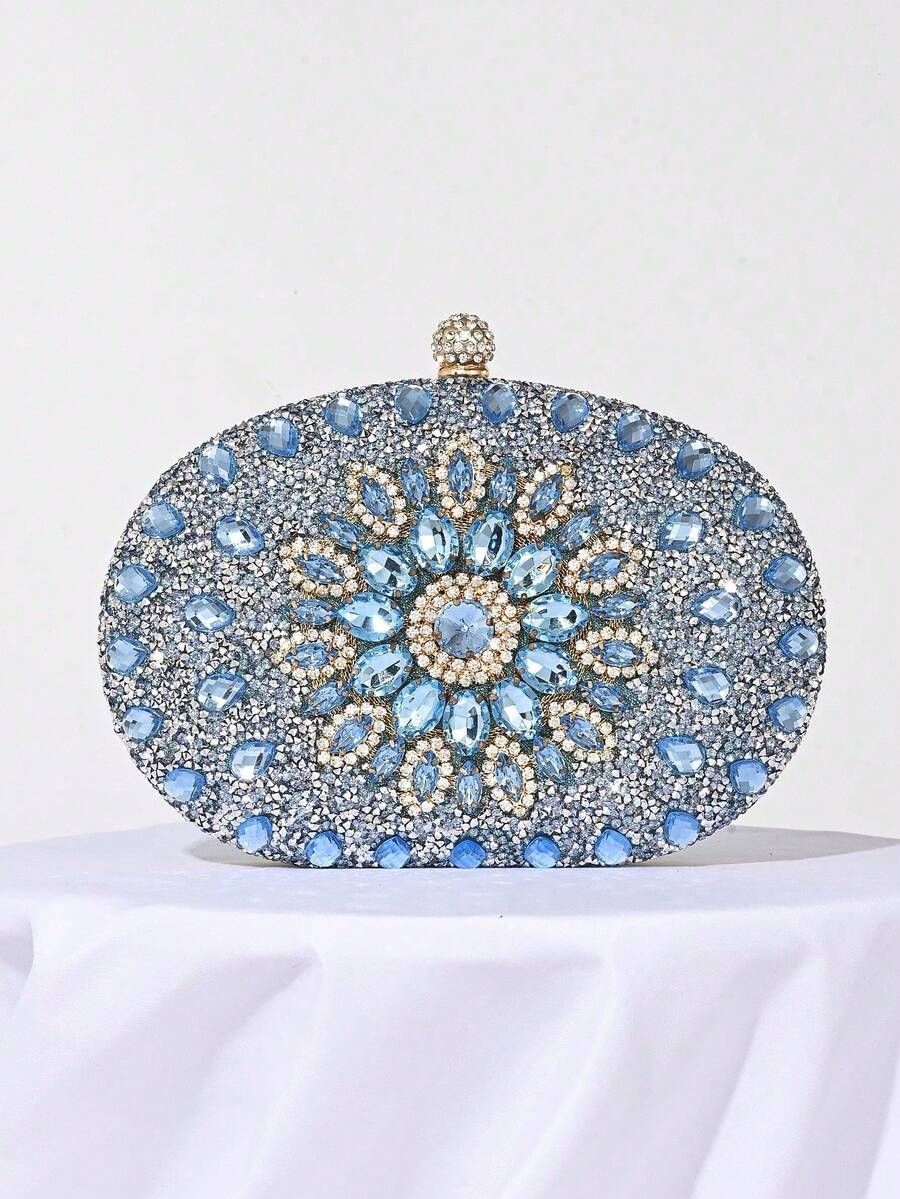 Women's Evening Bags Sparkly Rhinestone Clutch Purses Luxury Handbags | Sparkly, Rhinestone, Luxury, Sparkly, Rhinestone, Luxury - Sparkling Oval Purse With Convertible Gold Chain, Elegant Bridal & Prom Handbag For Weddings, Parties, And Formal Events - 藍色 - 查看 1