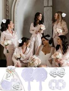18/6/1件套婚礼派对礼品套装，优雅伴手礼套装，派对装饰，包含花朵发夹、花朵手镜、发圈、感谢卡、白色欧根纱袋，伴娘礼物，派对回礼，适合婚礼、生日、新娘送礼会，也是送给同事、朋友和家人的绝佳礼物。 - 多色 - 查看 7