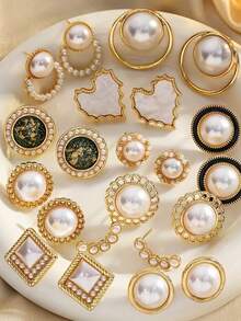 32对时尚复古几何圆形心形仿珍珠耳环，适合日常休闲佩戴、度假，也是节日送礼佳品。（随机发货） - 彩色 - 查看 2