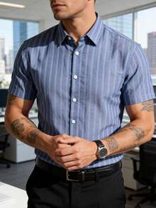 Summer Men's Striped Shirt Collar Short Sleeve Shirt, Vacation Style Turndown Collar Button Casual Shirt, Refined Striped Short Sleeve Shirt, Simple Elegant Commuter Shirt Summer Beach Casual Striped Shirt Collar Short Sleeve Top Shirt Collar Design Broadens Shoulders, Comfortable Versatile Casual Street Style Summer Shirt Casual Men's Outfit - Blue - View 3