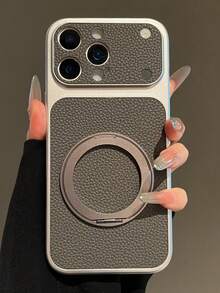 Fashion Lychee Leather Texture Large Window Phone Case Compatible With IPhone 17 Pro Max 17 Pro 16 Pro Max 15 Pro Max 14 Pro 13 12 Pro 16 17 Magnetic 360 Rotating Bracket Camera Protection Matte Soft Bumper Shockproof Cover - Grey - View 3