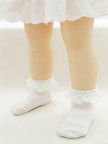 3 Pairs Random Floral Lace White Socks, Floral Embroidery Mesh Ruffle Trim Princess Socks, Elegant High-End Student Socks - White - View 5