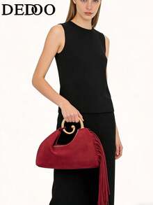 Dedoo 2026秋冬新款复古高品质晚宴包，时尚优雅的流苏手提包 - 紅色 - 查看 3