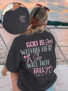 Y2K风格女童卡通蝴蝶结标语印花圆领T恤，柔软休闲上衣，适合春夏穿着 - 黑色 - 查看 1