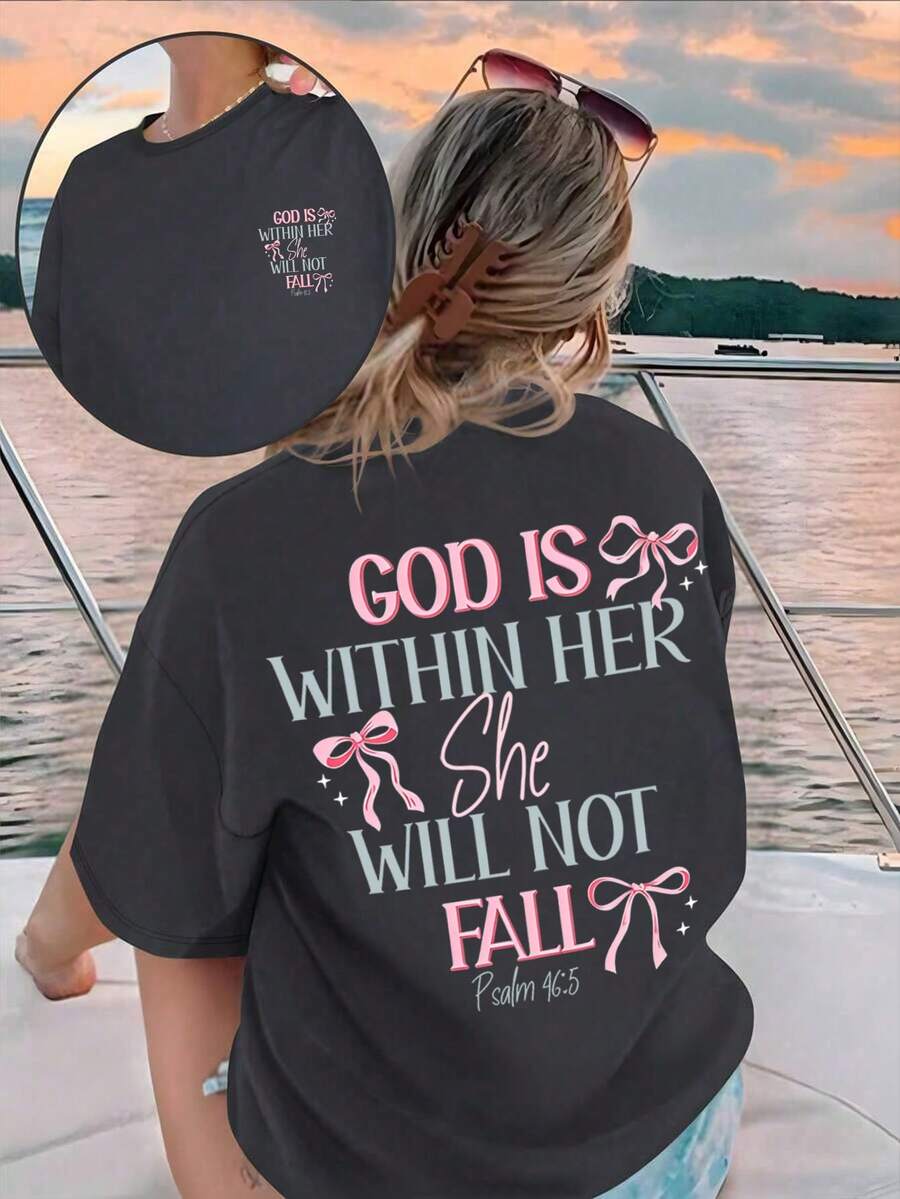 Y2K风格女童卡通蝴蝶结标语印花圆领T恤，柔软休闲上衣，适合春夏穿着 - 黑色 - 查看 1