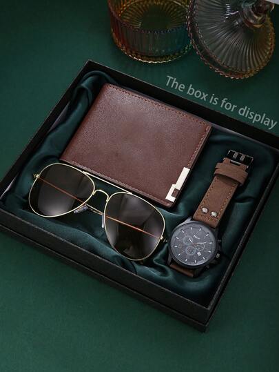 3pcs Men's Luxury Gift Set: Khaki Sports Casual Watch, Wallet & Fashion Glasses Set, Fashionable For Daily & Business Wear, Perfect Birthday/Anniversary/Christmas Gift